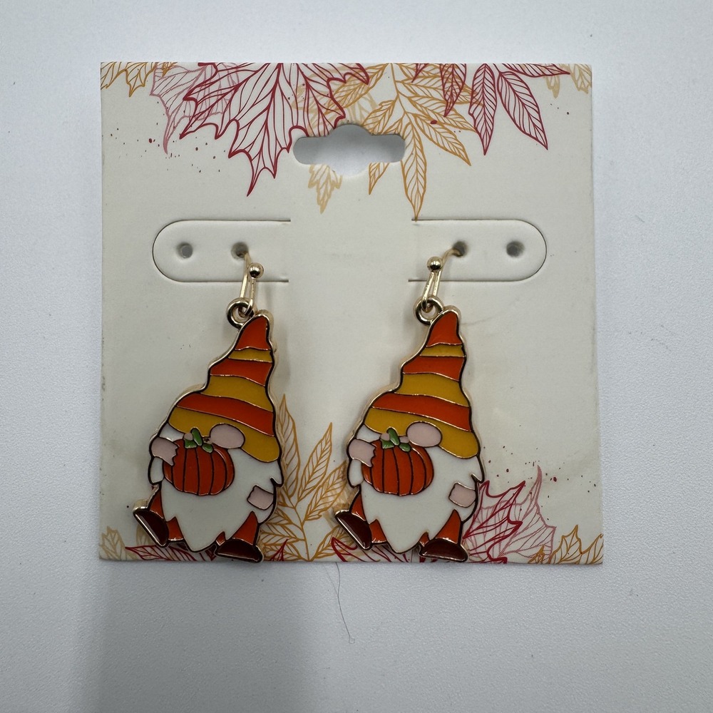 Fall Gnome Drop Earrings Pumpkin Orange Striped Hat Harvest Gold Tone NWT